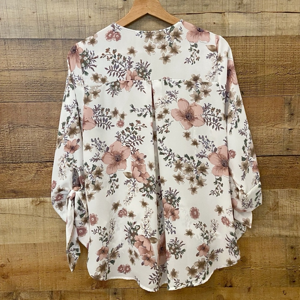 Floral Blouse, Wrap Style, Flowy, 3/4 Length Sleeves, Longer in Back - Picture 8 of 11